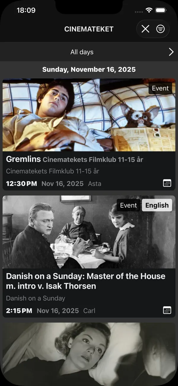 Cinemateket app — daily programme