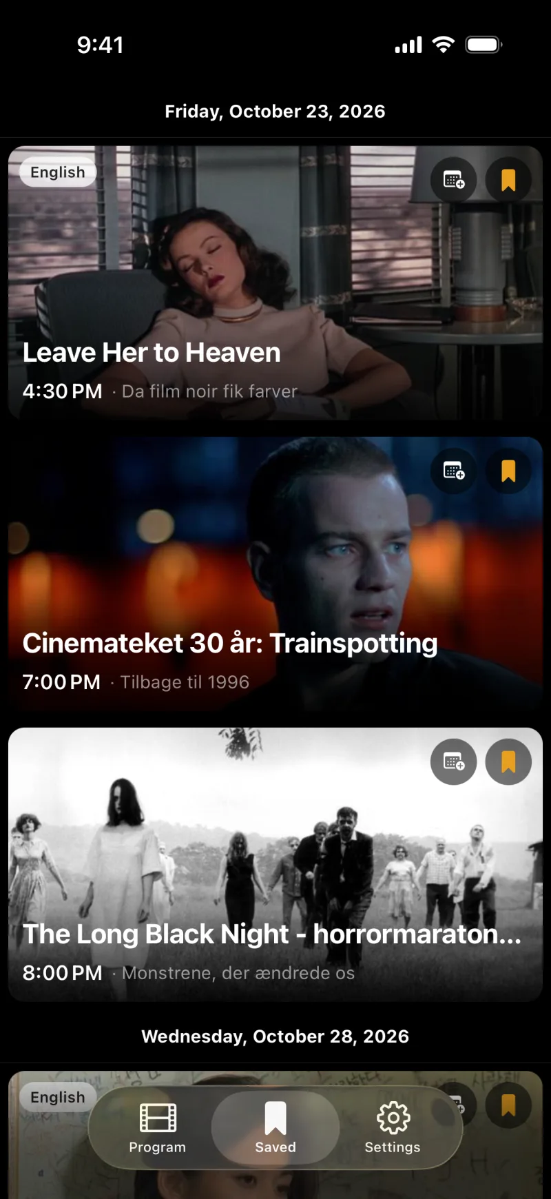 Cinemateket app — saved screenings