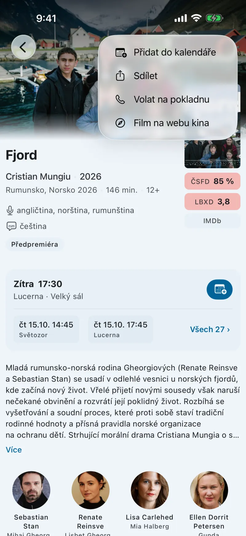 KinoKlub app — film detail menu in light mode