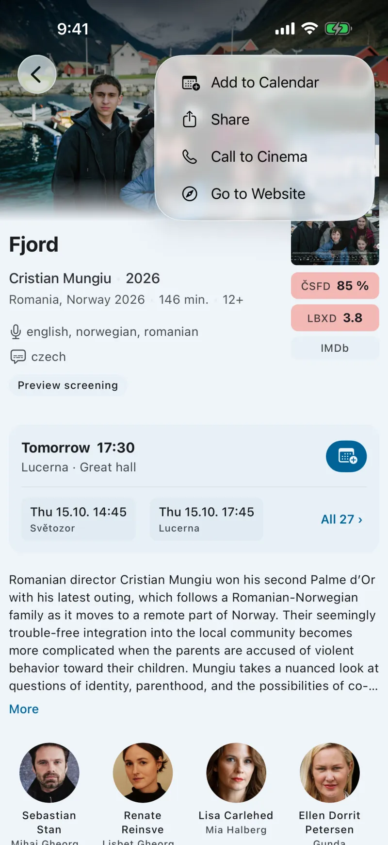 KinoKlub app — film detail menu in light mode